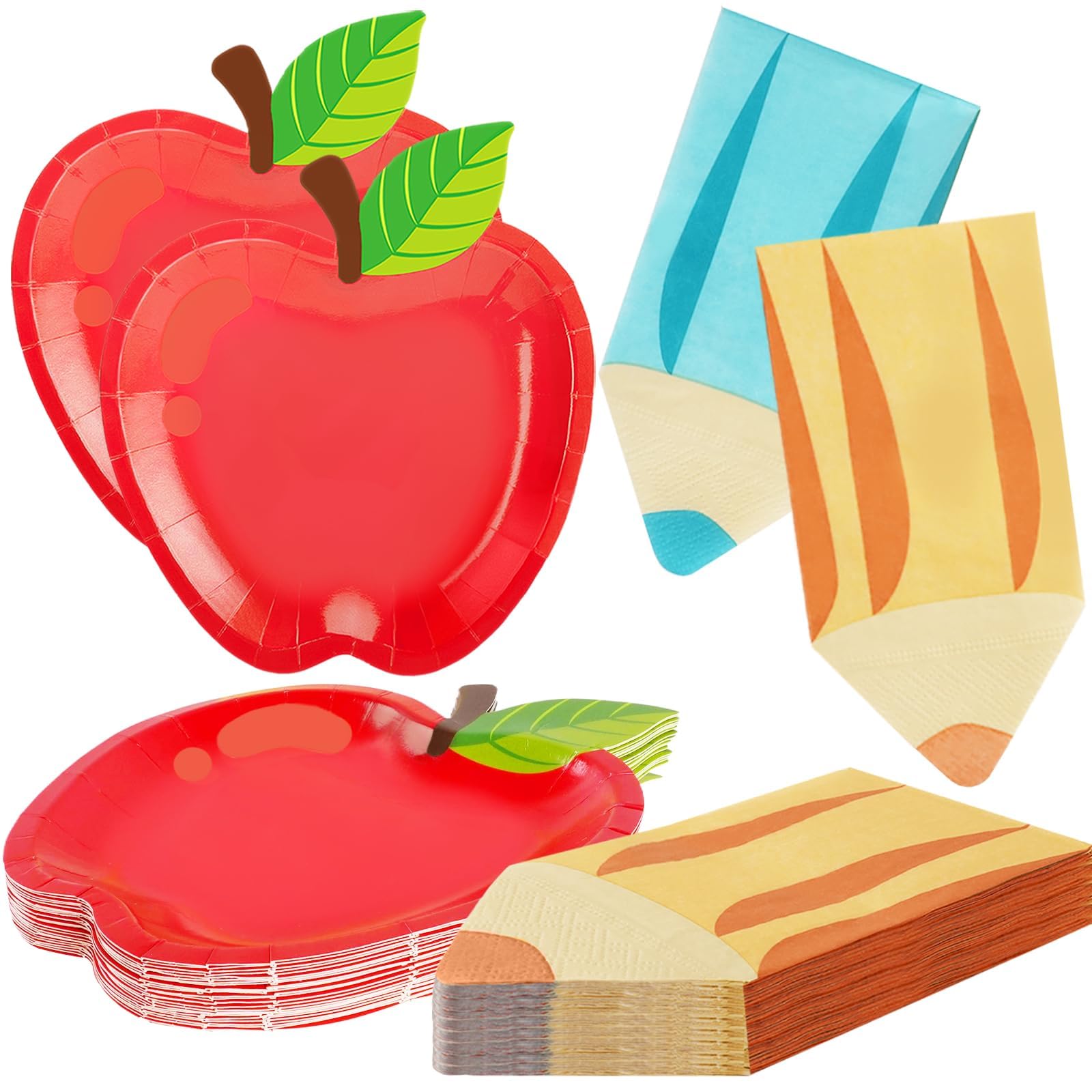 Photo 1 of OuMuaMua 100Pcs Back to School Red Apple Paper Plates and Pencil Napkins First Day of School Party Supplies Disposable Tableware Set for Graduation Kindergarten Preschool Party Table Decor, Serves 50