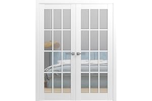 SARTODOORS Solid French Double Doors 48 x 80 inches Clear Glass 3 Lites | Felicia 3355 White Silk | Wood Solid Panel Frame Trims | Closet Bedroom Sturdy Doors
