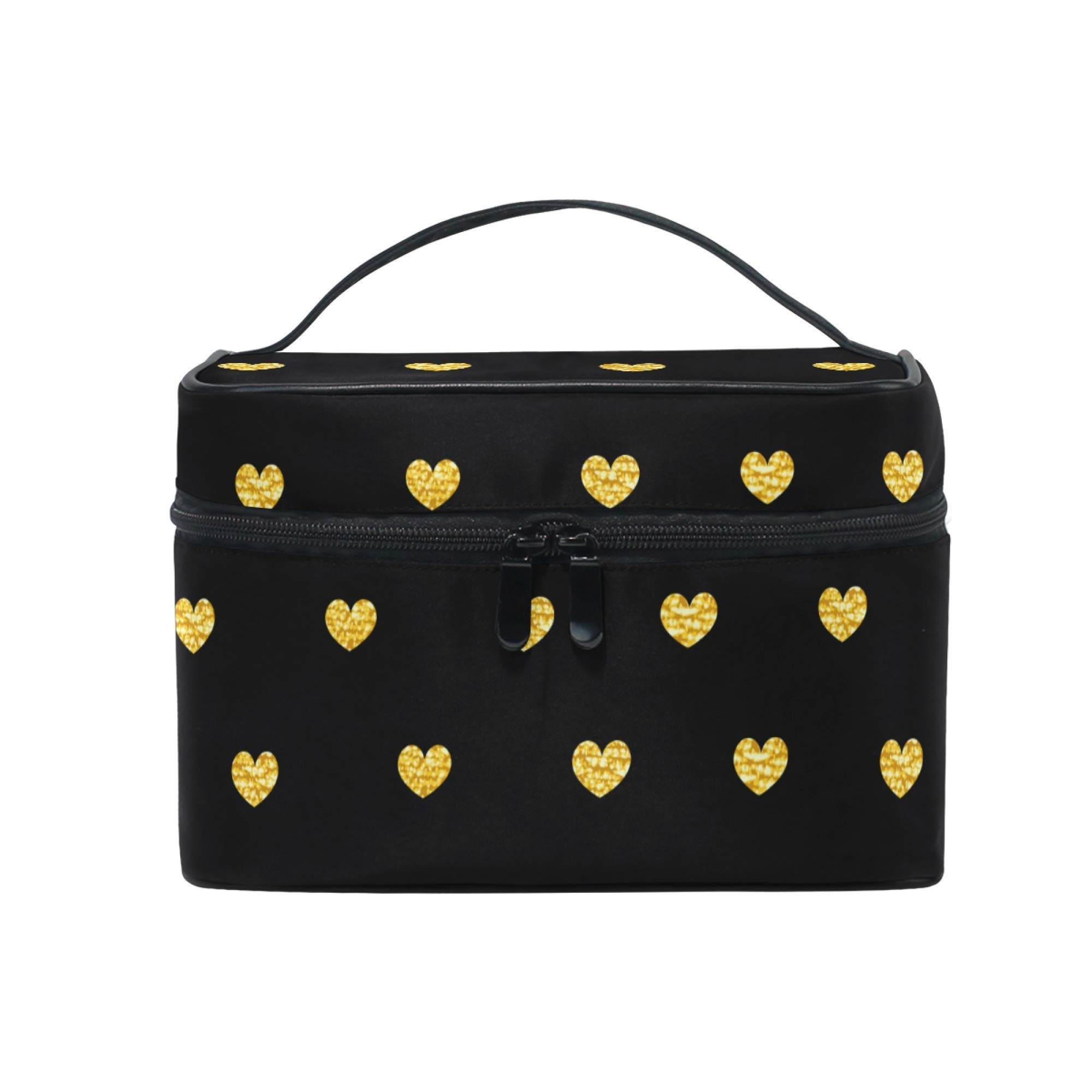 Heart Makeup Bag Black Golded Heart Carrying Portable Zip Travel Cosmetic Brush Bag Large Travel Organizer Artist for Girls Women