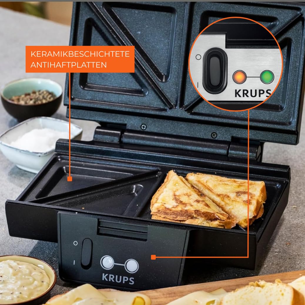 KRUPS FDK461 Sandwichmaker – Dreiecks-Sandwichtoasts, Keramik-Antihaftplatten, 850W, extra tiefe Form für leckere Gourmet-Sandwiches, schnelles Erhitzen, platzsparend, schwarz 2