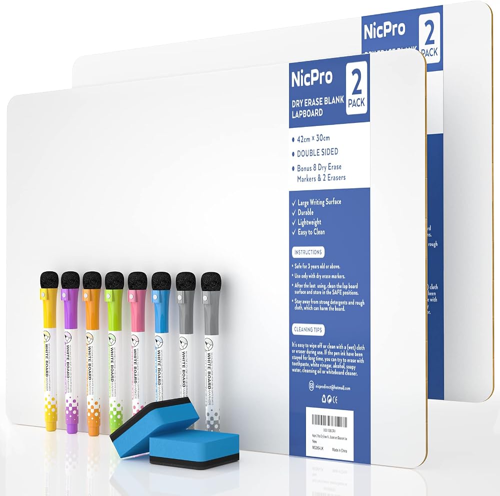 Nicpro 2 Pack Dry Erase A3 Whiteboard Lapboard 30 x 42 cm Double Sided