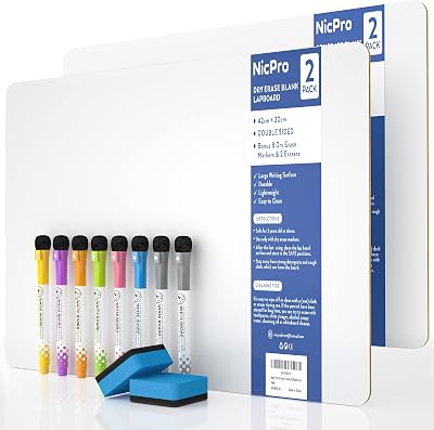 Nicpro 2 Pack Dry Erase A3 Whiteboard Lapboard 30 x 42 cm Double Sided