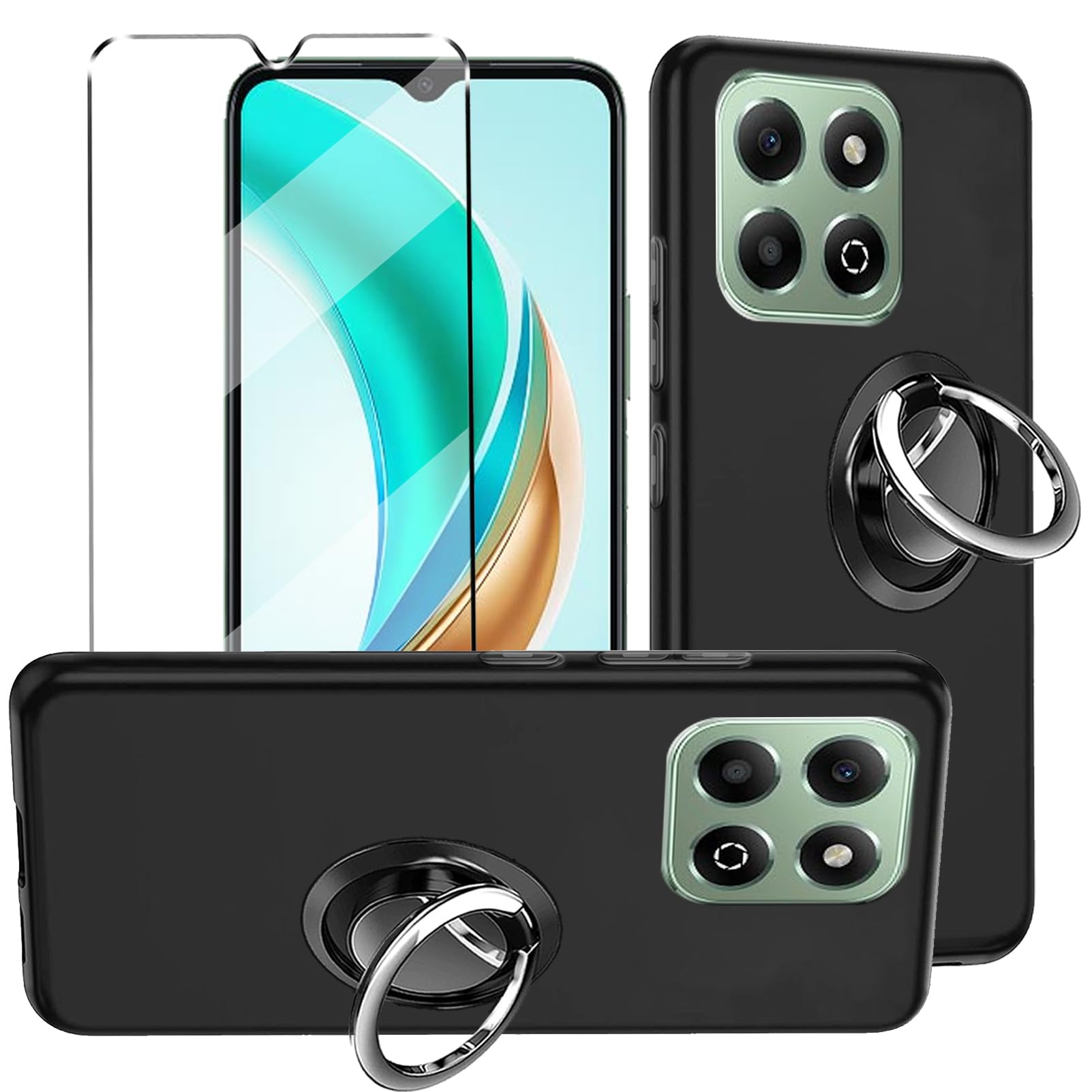HuiYouMY 3-in-1 Case + Phone holder Ring Compatible with Honor X6B Cover with 1 Pack Tempered Glass Screen Protector for Honor X6B, Slim Fit Soft TPU Shockproof Anti-Scratch Phone Case Cover - Black