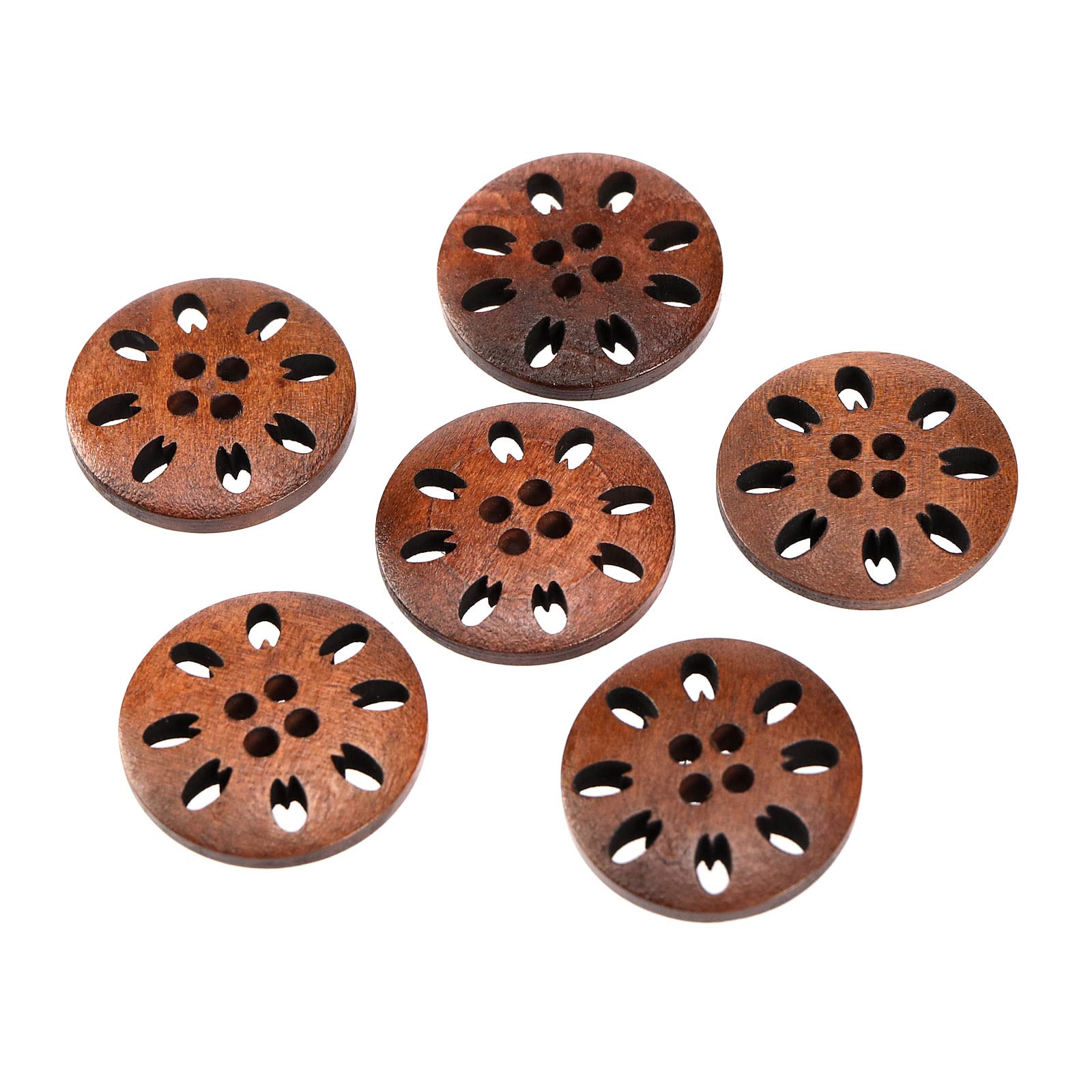 YINETTECH 100PCS 25mm Hollow Flower Shape Round Brown Wooden Buttons 4 Holes for DIY Sewing Crafts Knitting Coat Uniform Costume Shirt Crochet Card Making Scrapbooking