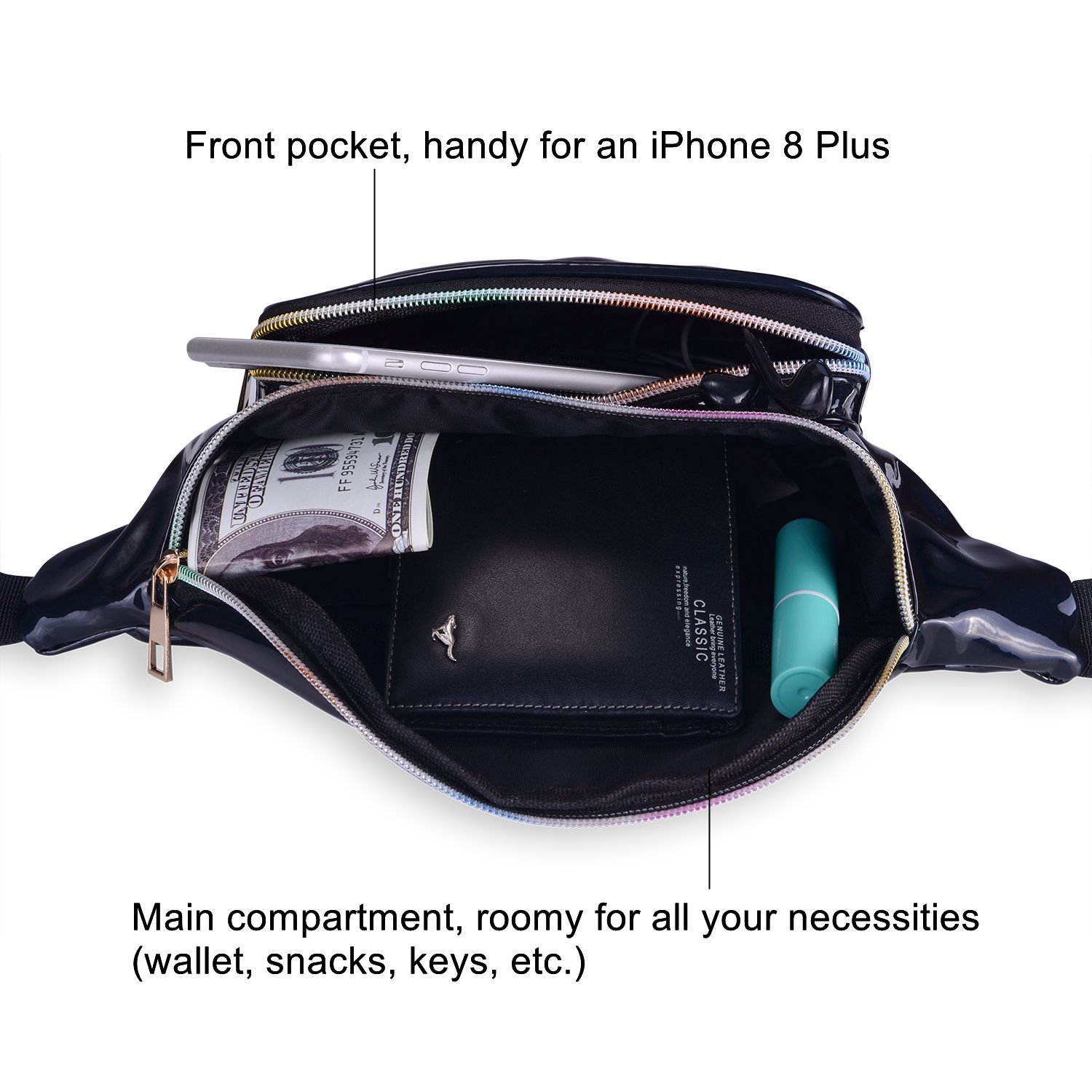 LEADO Holographic Neon Fanny Pack Cute Fashion Fanny Packs for Women and Men, Metallic 80s Shiny Waist Bags Water Resistant Bum Bag, Waist Pack Glitter for Rave, Festival, Party, Trip