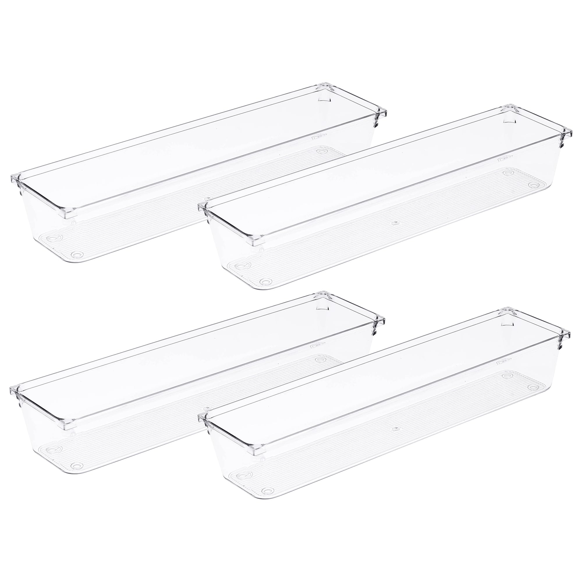 Amtido 4 Pack Drawer Organisers - Sturdy Clear Plastic - Versatile Storage for Kitchen, Bathroom, Utensils, Makeup, Office, and Desk Accessories (7.6cm x 30.5cm x 5.1cm)