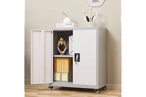 GREATMEET Metal Storage Cabinet with Locking Doors and Wheels,31.5" H Steel Lockable Garage Storage Cabinet with 2 Adjustable Shelves for Home Office,Classroom Tool Storage Cabinet Grey