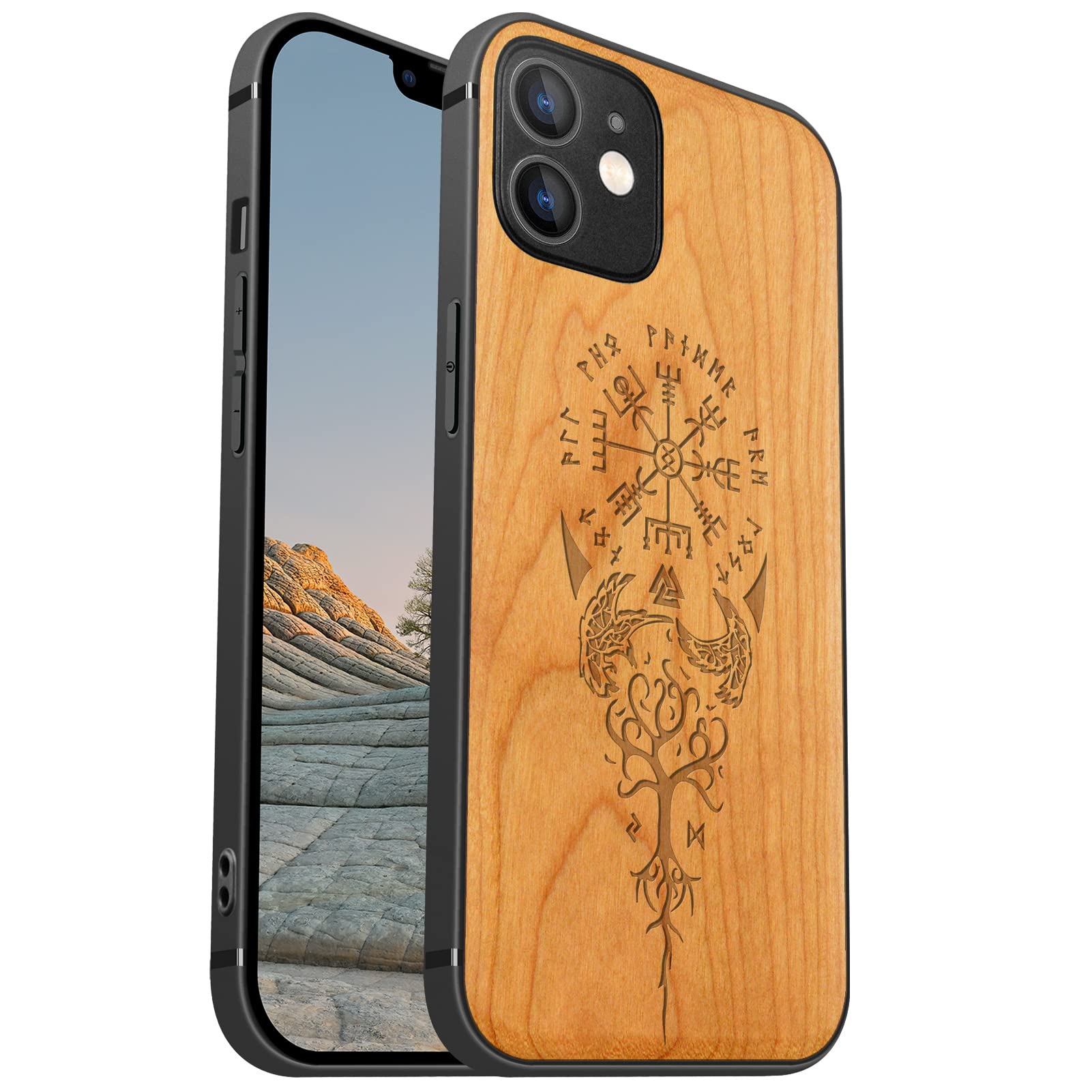 Carveit Magnetic Wood Case for iPhone 12 - Hard Real Wood & Soft TPU Hybrid Protective Cover - Unique & Classy Wooden Case Compatible with MagSafe (Viking Compass Vegvisir-Cherry)