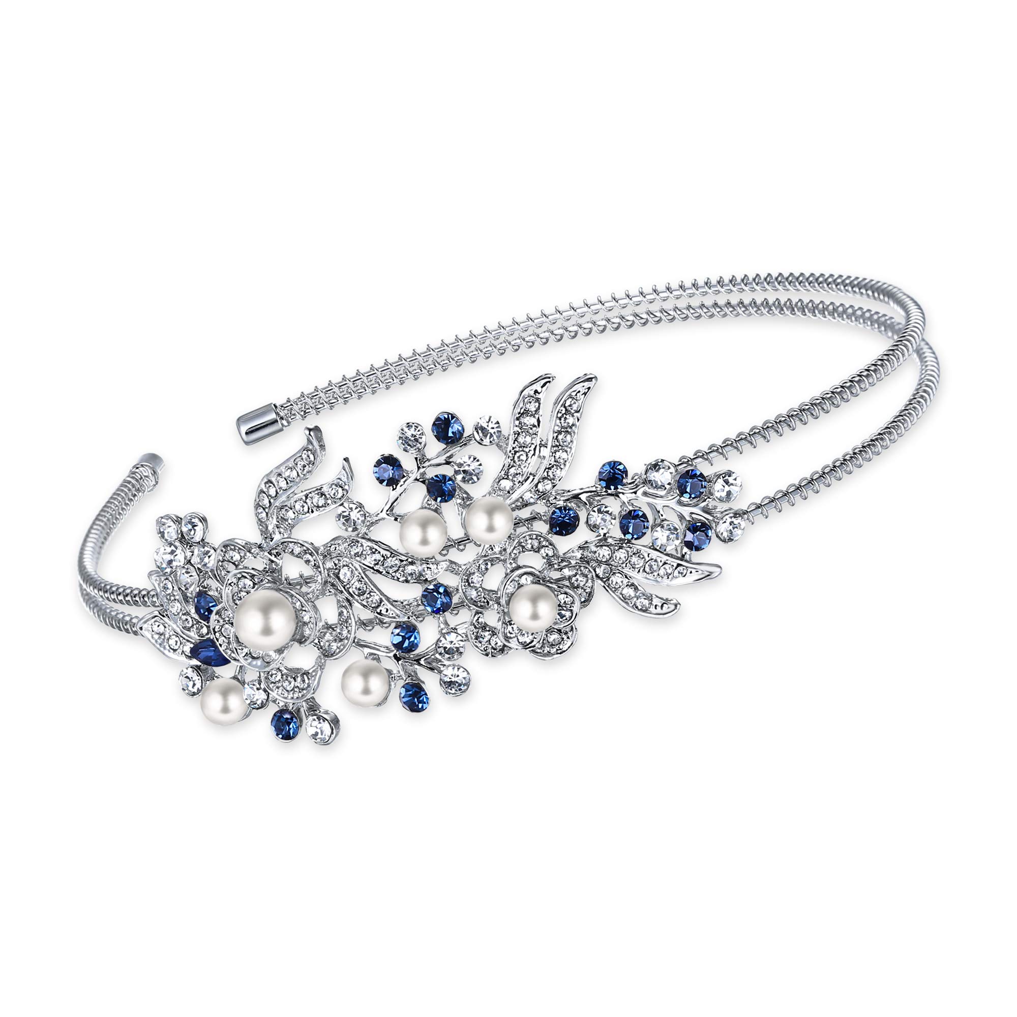 Ever Faith Austrian Crystal Cream Simulated Pearl Flower Leaf Hair Head Band Blue Silver-Tone