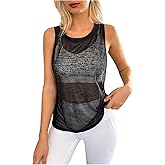 OYOANGLE Women's Sheer Sleeveless Crew Neck Sports Tank Top Sleeveless Athletic Workout Shirts
