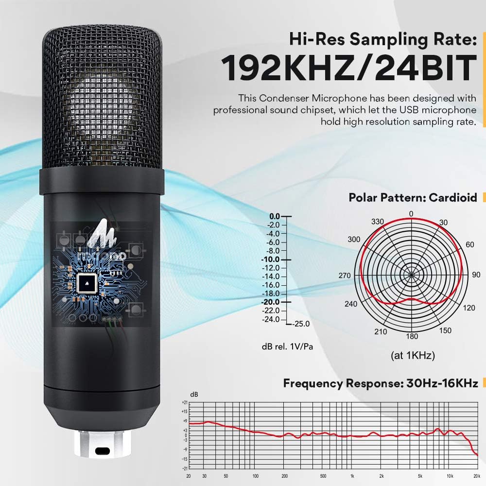 USB Microphone 25mm Large Diaphragm MAONO AU-A425 Plus 192KHZ/24Bit Cardioid Condenser PC Microphone with Two Metal Stand for Podcasting, Gaming, Studio/Home Recording, Streaming, YouTube, Computer