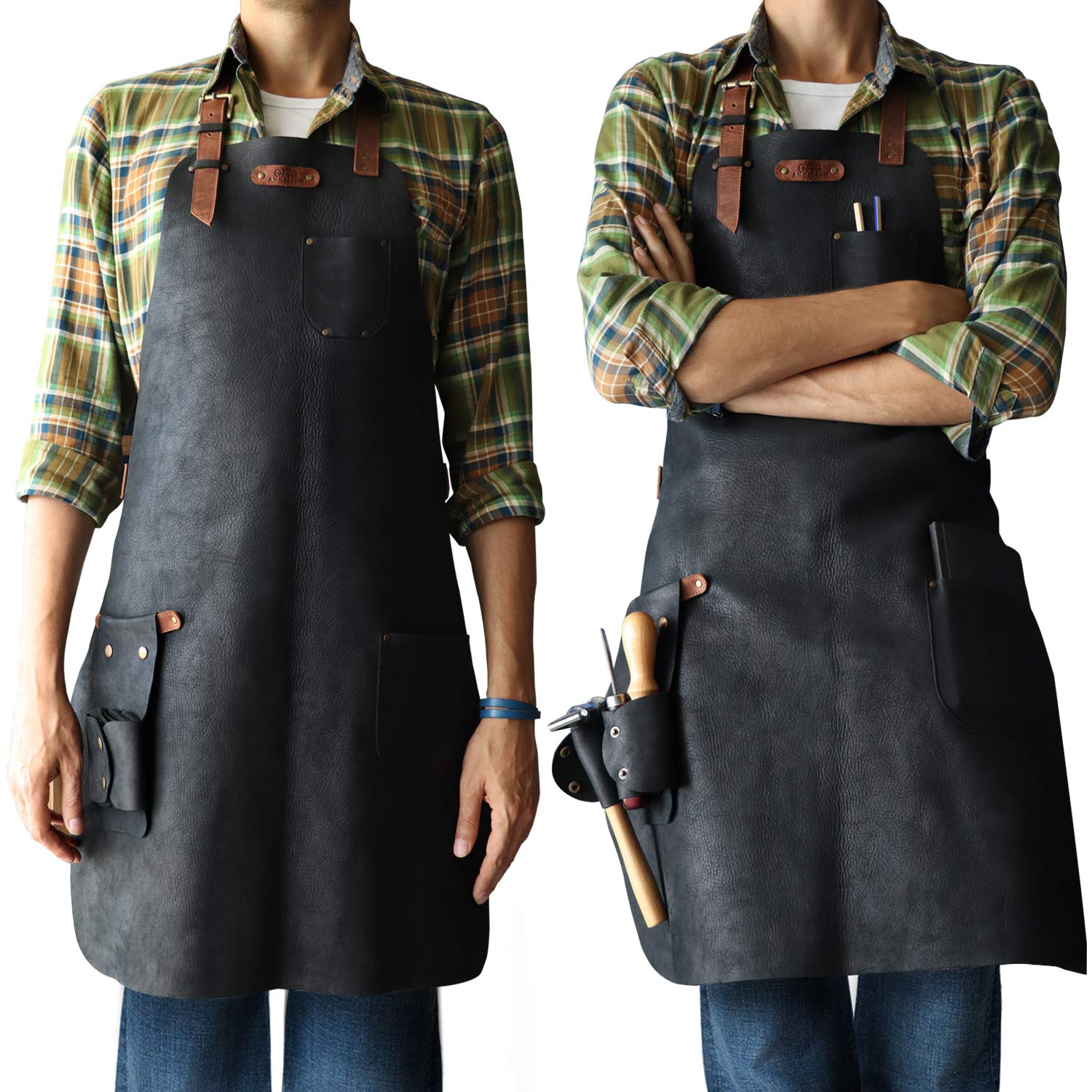 Genuine Leather Cooking, Barista, Workshop Apron with Tool Pockets