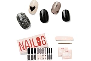 NAILOG Semi Cured Nail Strips for Halloween, 20 Extra Long Gel Nail Strips │ Glossy & Long Lasting Nail Polish Stickers, Nail Wraps with Soft Gel Finishing │Black Little Heart