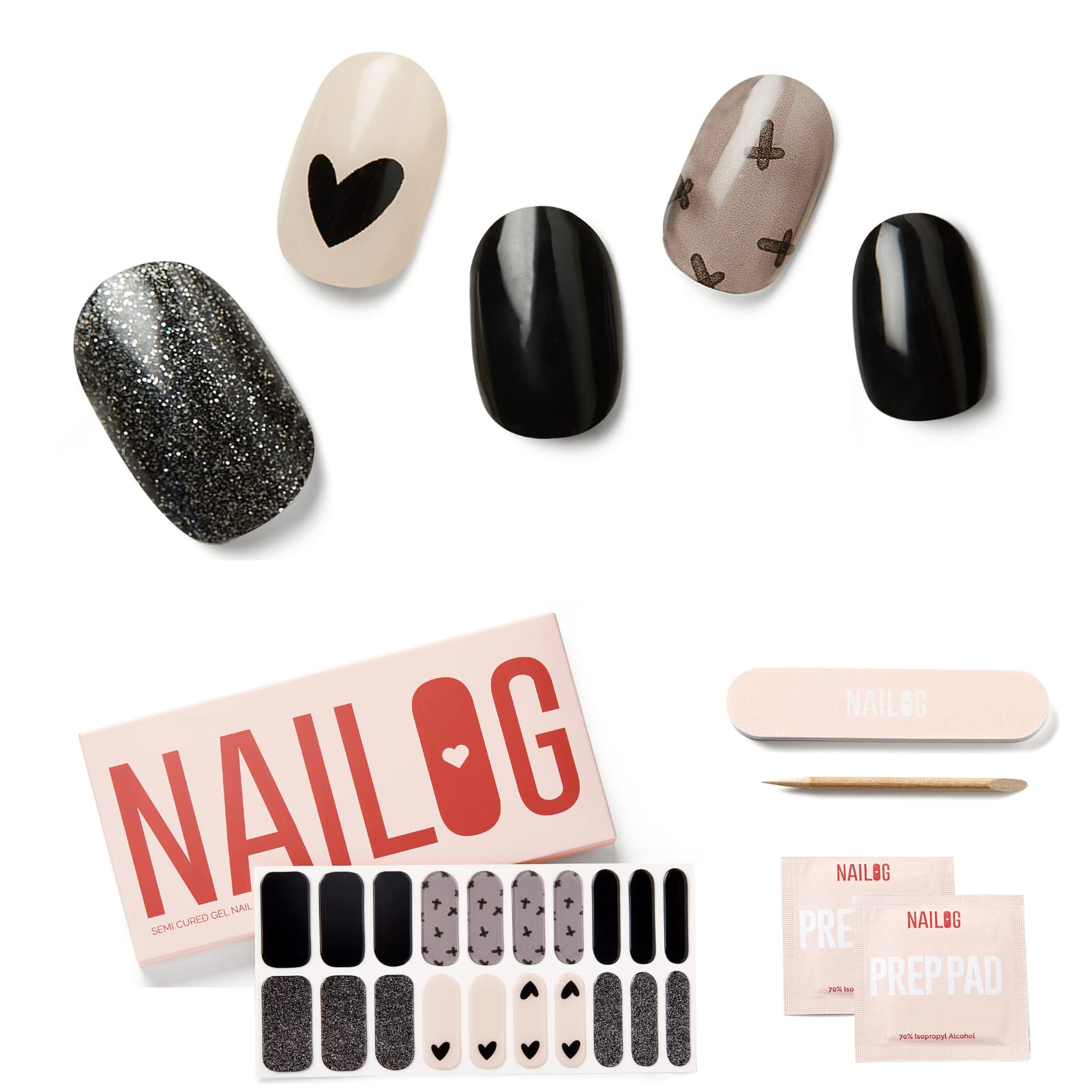 NAILOG Semi Cured Gel Strips (20 Extra Long Stickers), UV/Led Lamp Glossy & Long Lasting Soft Gel Finish Wrap, Black Little Heart — image 1