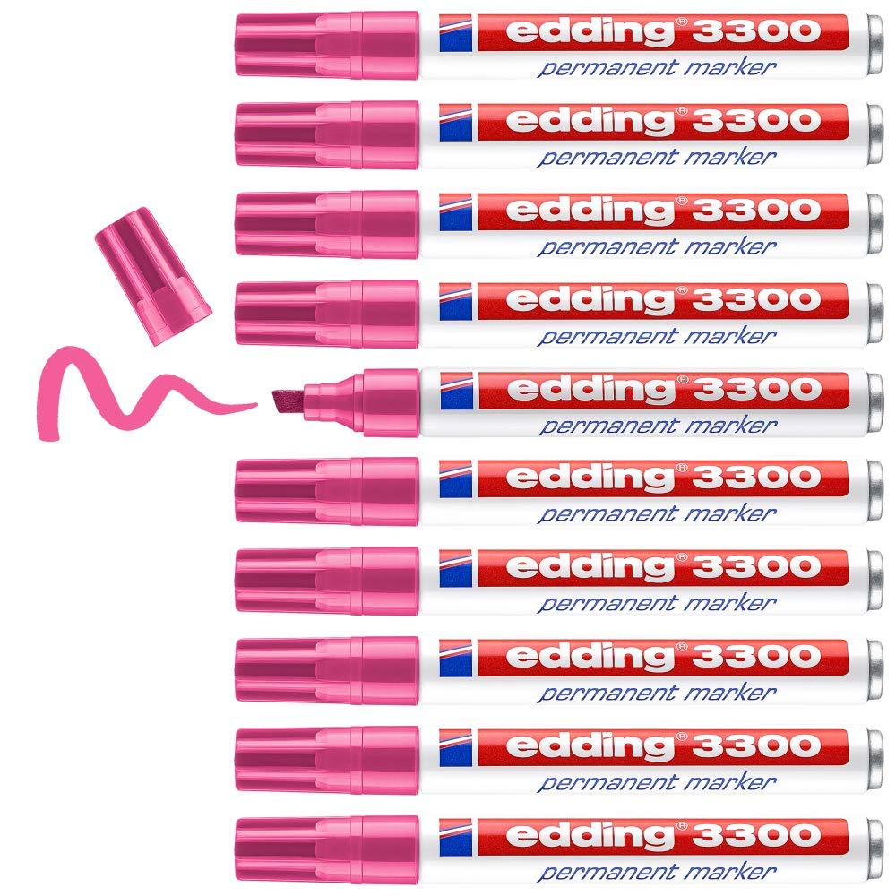 edding 3300 permanent marker - pink - box of 10 - chisel tip 1-5 mm - quick-drying permanent markers - waterproof, smudge-proof - for cardboard, plastic, wood, metal, fabric - marker pens