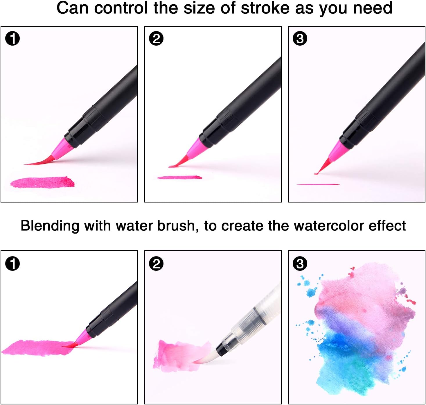 UBRU Watercolor Brush Pens, Set of 48 Watercolor Painting markers and 2 Water Brush Pens, Flexible Nylon Brush Tips, Non-Toxic Ink, Suit for Adult and Kids Coloring Books, Drawing, Calligraphy: Office Products