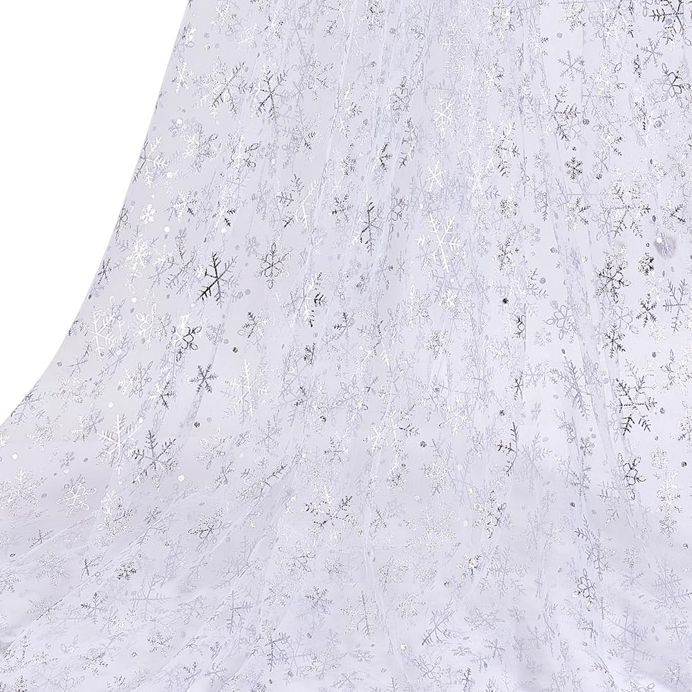 MAYJOYDIY Snowflake Silver Foil Mesh Fabric 160cm Ghost White Nylon Tulle Fabric Rolls Sheer Fabric for DIY Tutu Skirt Gift Bow Wedding Winter Party Dress Tablecloth Background Decorations
