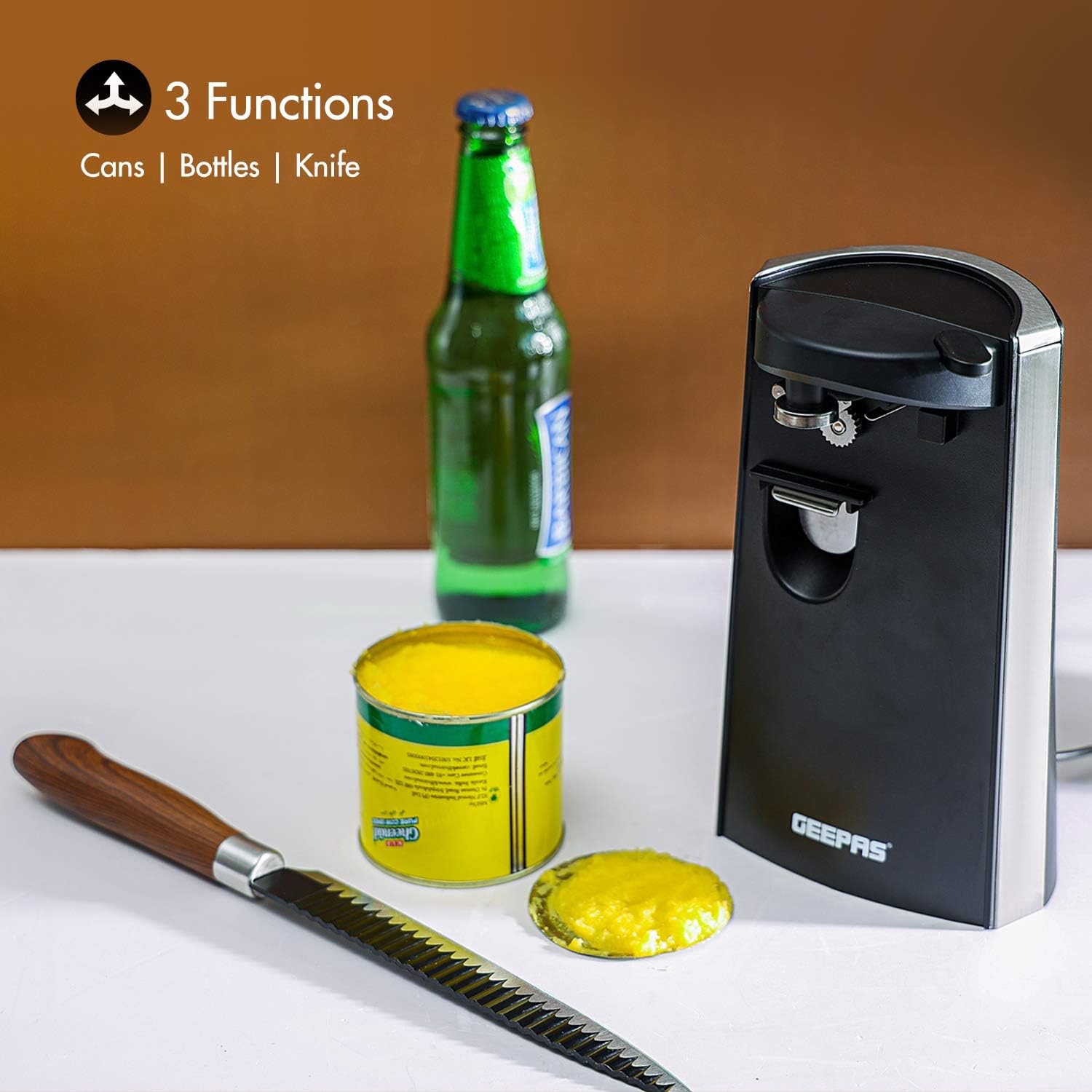Geepas 3-in-1 Can Opener, Bottle Opener and Knife Sharpener, 3 Functional Can Opener, Cord-Storage Design - Image 5