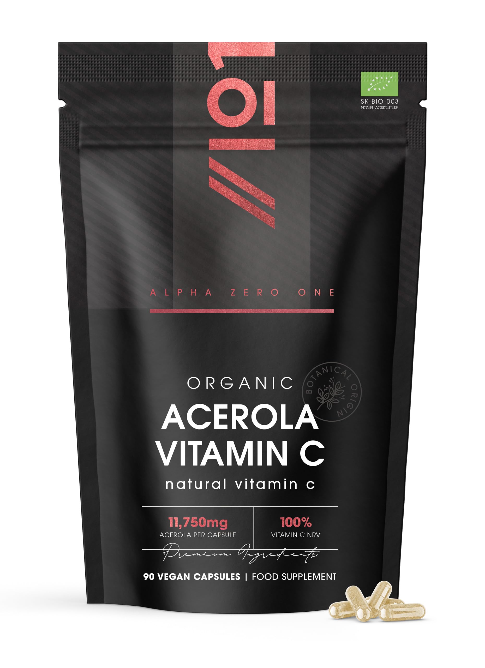 Organic Acerola Vitamin C – 80mg (100% NRV) Natural Vitamin C – 90 Vegan Capsules – 25:1 High Strength Acerola Extract – 3 Months Supply – by Alpha01