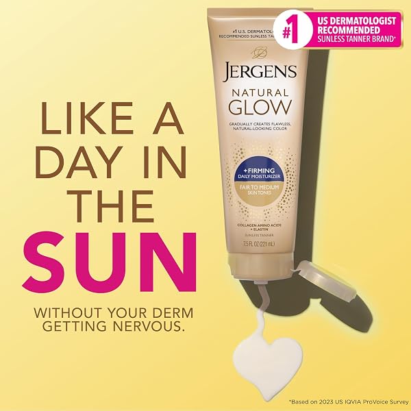 JERGENS NATURAL GLOW +FIRMING SELF TANNER BODY LOTION, FAIR TO MEDIUM SKIN TONE, SUNLESS TANNING MOISTURIZER WITH COLLAGEN AND ELASTIN, HELPS TO VISIBLY REDUCE CELLULITE, 7.5 FL OZ