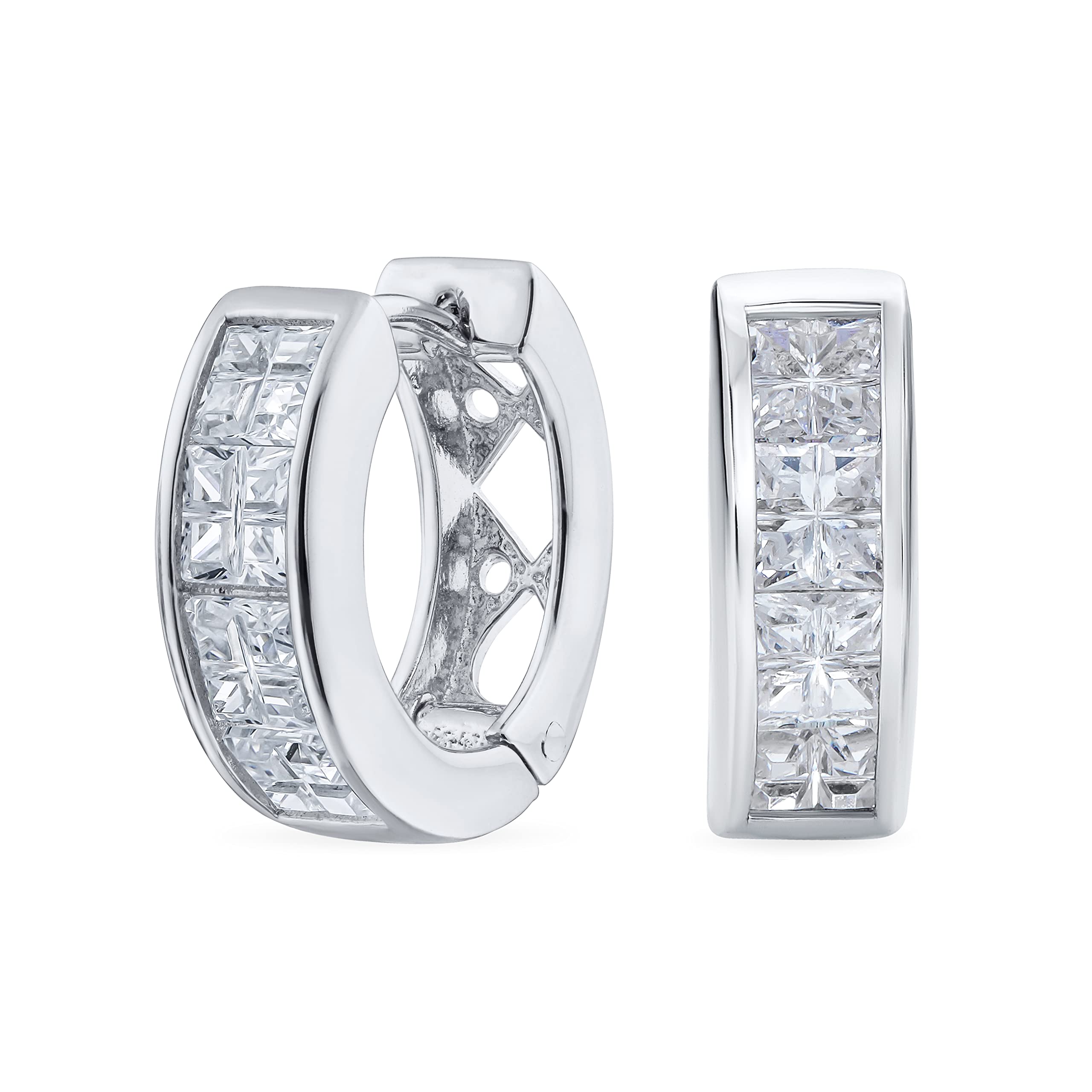 Unisex Small CZ Channel-Set Checkboard Invisible Square Cut Huggie Hoop Earrings .925 Sterling Silver, Clear Cubic Zirconia for Women — image 1
