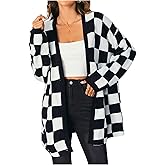 SOLY HUX Women's Long Sleeve Oversized Sweater Checkered Cardigan Open Front Outerwear Tops