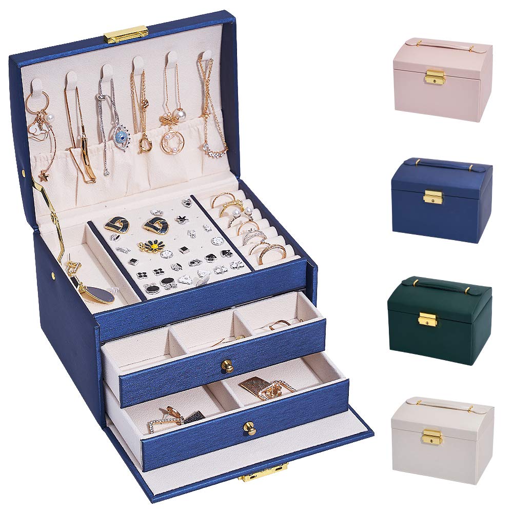 hombrima 3 Layers Travel Jewelry Box, Jewelry Storage Organizer Cases with 2 Drawers and Lock for Women’s Necklace Earrings Rings Bracelet(Blue)