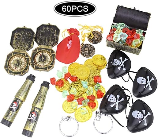 Amazon Milicoco 海賊 宝石箱 おもちゃ 宝箱 ドレスアップ小道具 60点セット アイパッチ コスプレ 小道具 ゴールドコイン 宝石 望遠鏡 コンパス おもちゃセット 子供 プレゼント キッズコスチューム 変身 なりきり おもちゃ