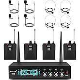 FULODE Lapel Microphones 4 Channel UHF Wireless Microphone System with 4 Lavalier 4 Headset Mics, Metal Receiver for Singing Meeting Church Wedding Event TV Speaker (4 Bodypack, 262ft Range)