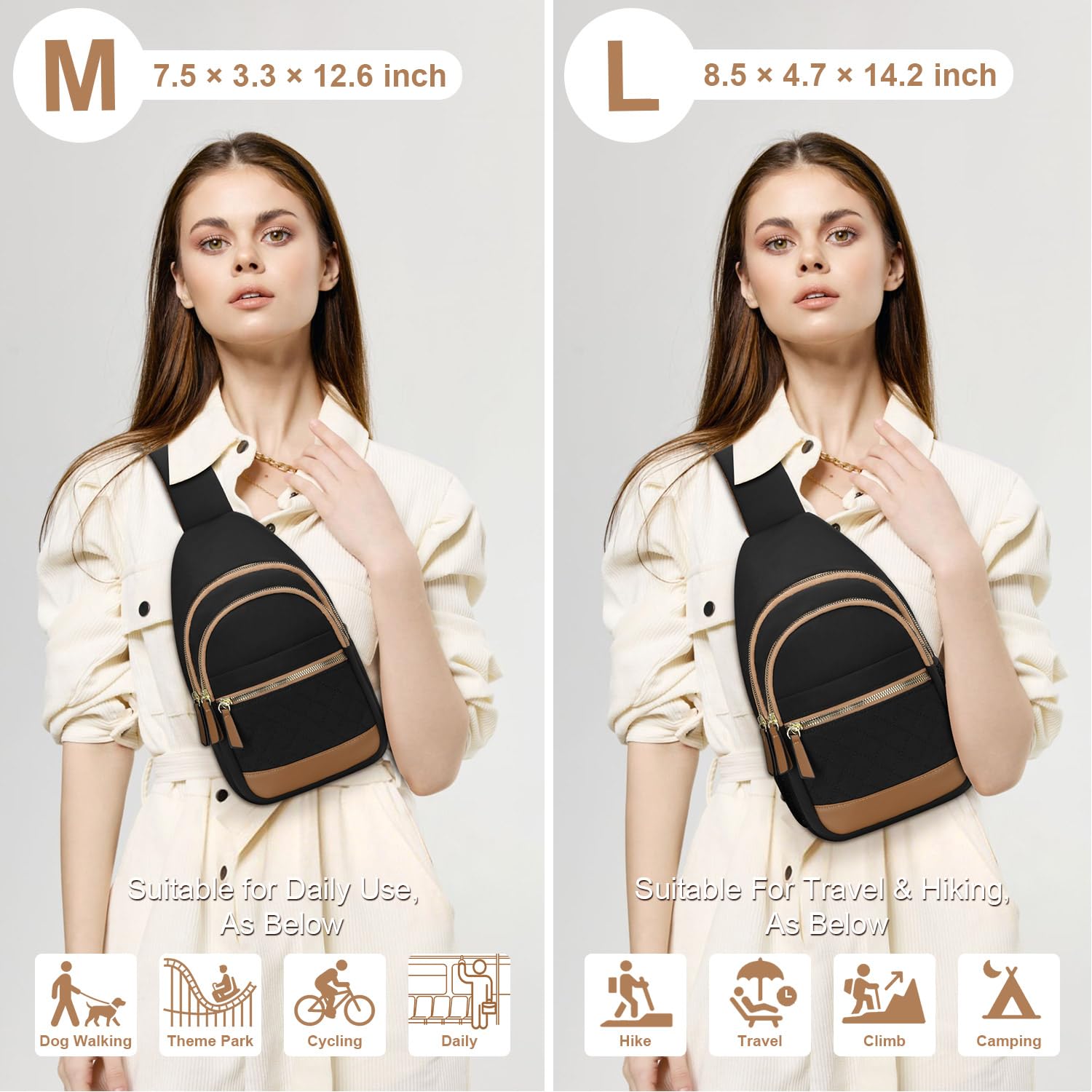 Capolo Sling Bag for Women Men Waterproof Crossbody Bags for Women Trendy Casual Fanny Pack with Convertible Shoulder Strap Chest Bag for Travel Hiking(Black, Medium)