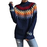 WDIRARA Women's Geo Pattern Fair Isle Sweaters Mock Neck Long Sleeve Pullover Knit Tops