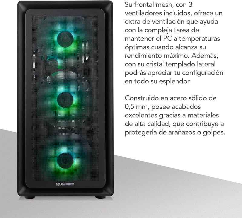 Hummer AERO – Semitorre ATX | M-ATX | ITX Incluye 4 Ventiladores ARGB PWM 140mm, Frontal Mesh, Lateral Cristal Templado, USB-C y USB 3.0, Soporte GPU 420mm, Filtro Magnético, Negro