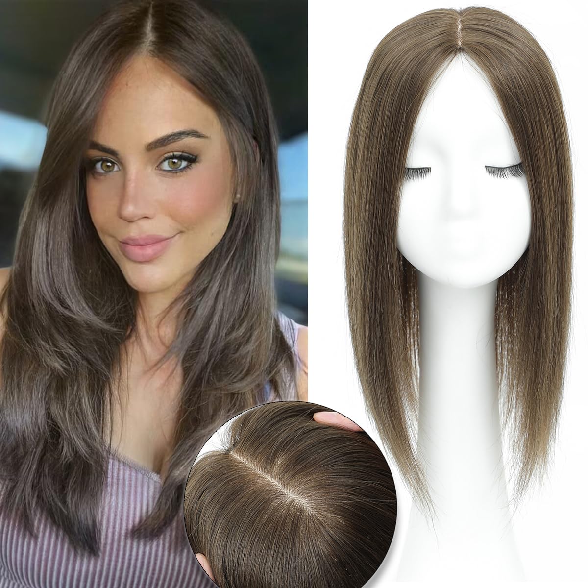 Hair Toppers for Thinning Hair Women Real Hairs 16Inch Hairs Topper 7 * 7 inch Skin Scalp Big Base Cover ，Hairs Pieces Wiglets Cover Large/scalp reality
