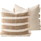 MOCOFO Handwoven Jute Cotton Striped Wabi Sabi Boho Decorative Pillow Cover | Farmhouse Throw Cushion Covers with Fringe Hidden Zipper, 18x18" Inch (White/Natural,Cover Only)