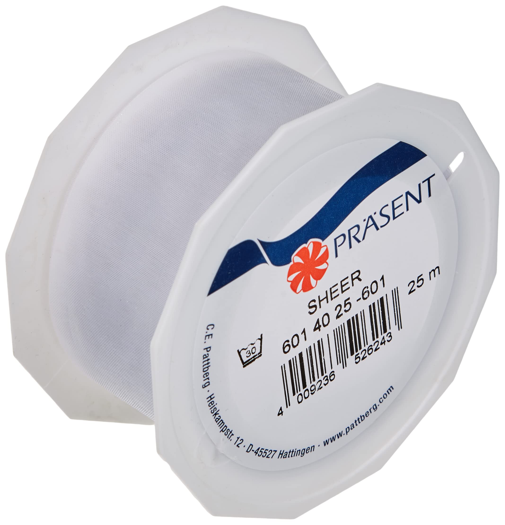 PRÄSENT Organza Ribbon, Polyester, White, 40mm-25m