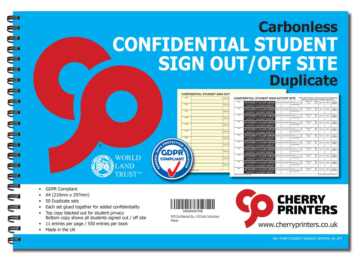 NCR Confidential Student Sign Out/Off Site Duplicate Wiro Book A4 50 sets Carbonless