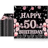 40pcs Happy 50th Birthday Napkins Disposable Black And Rose Glod Paper Napkins, 50th Anniversary Theme Birthday Party Decorations for Women 6.5x6.5 Inches