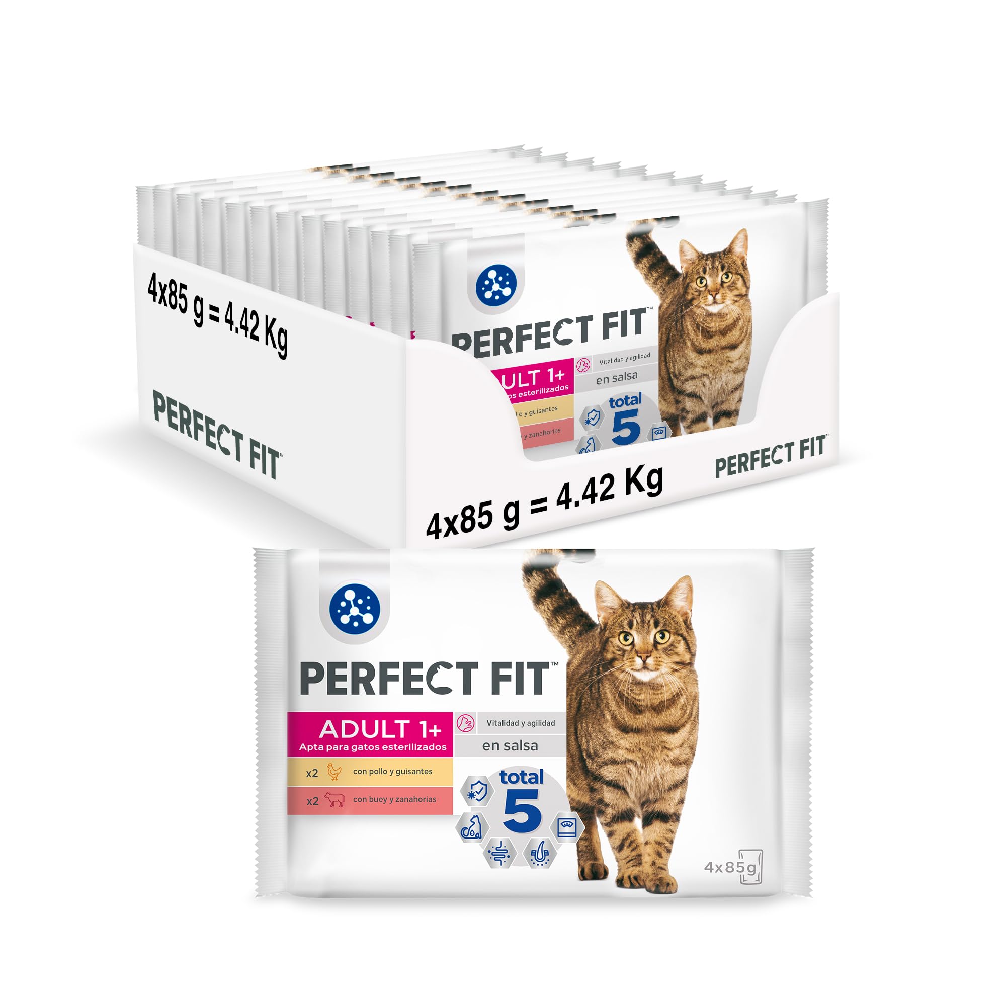 PERFECT FIT Sterilised Adult Cat Meals - 52 Freshness Bags (Pack of 13 Packs of 4 x 85 g) - Pate for Cats in Sauce - Chicken/Beef - Complete & Balanced Food - Vitality & Agility