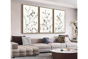 Large Bird Wall Art for Living Room Natural Wood Float Framed Art Set of 3 Tropical Plant Pictures Boho Artwork White Flowers