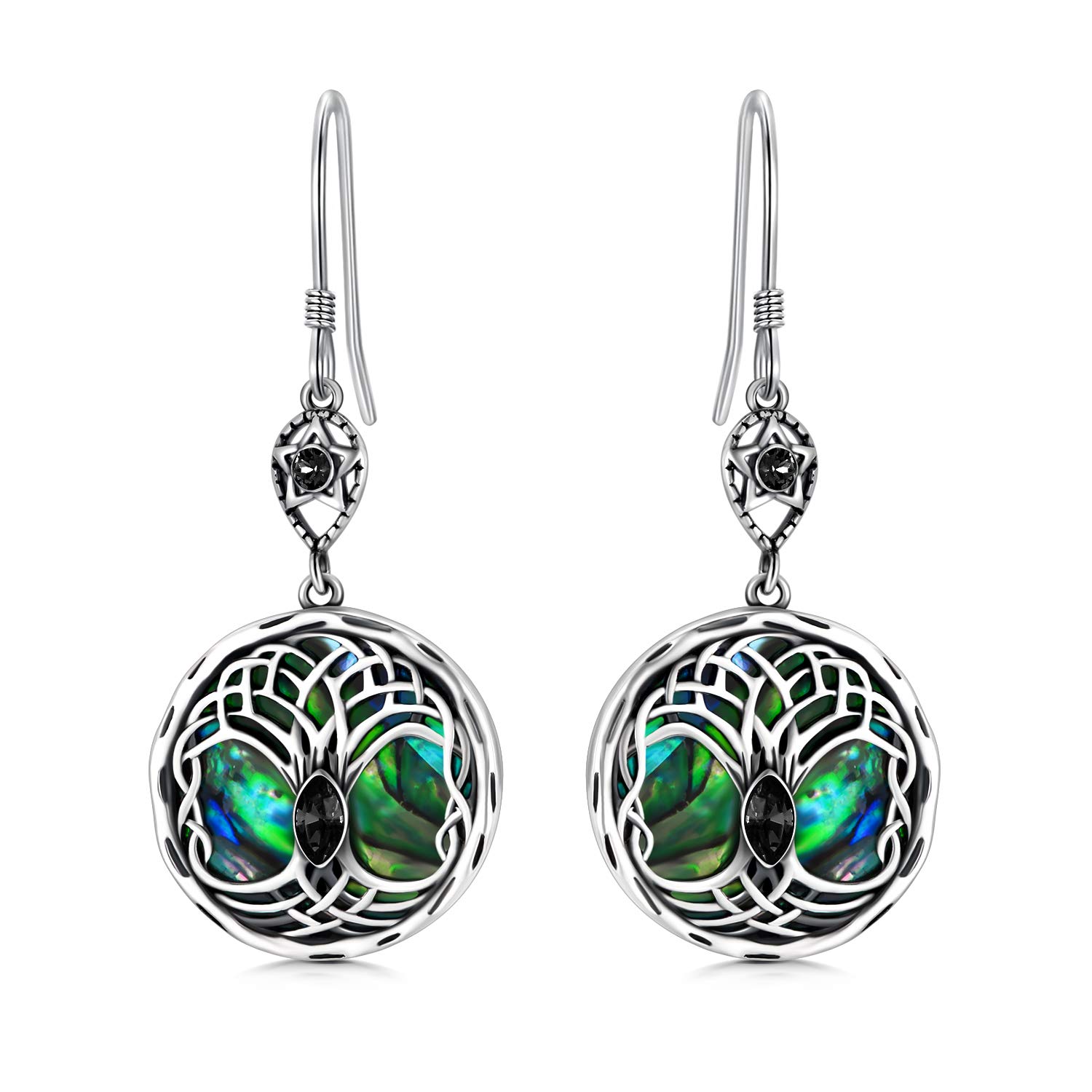 Celtic Tree of Life Earrings Sterling Silver Family Tree Dangle Drop Earrings with Birthstone Crystals, Birthday Jewellery Gifts for Women Her (Black)