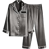 Ekouaer Women Satin Pajamas Set Classic Button Down Long Pjs Set