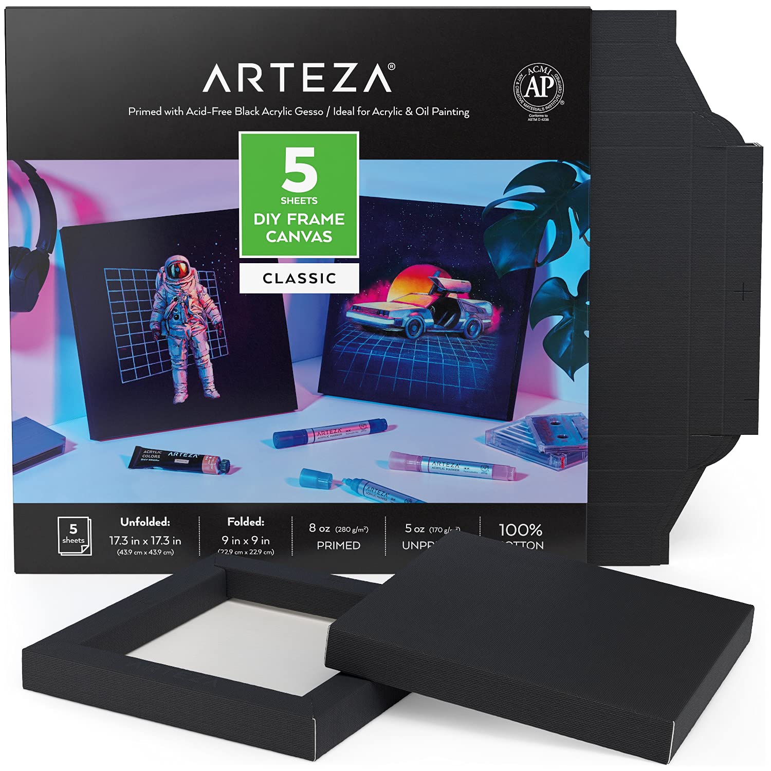 Arteza DIY Frame Canvases for Painting, 5 Sheets, 9 x 9 inches – Folded, 100% Cotton, 8 oz Primed Square Black Canvas, Art Supplies for Acrylic, Oil, Tempera, and Gouache Painting