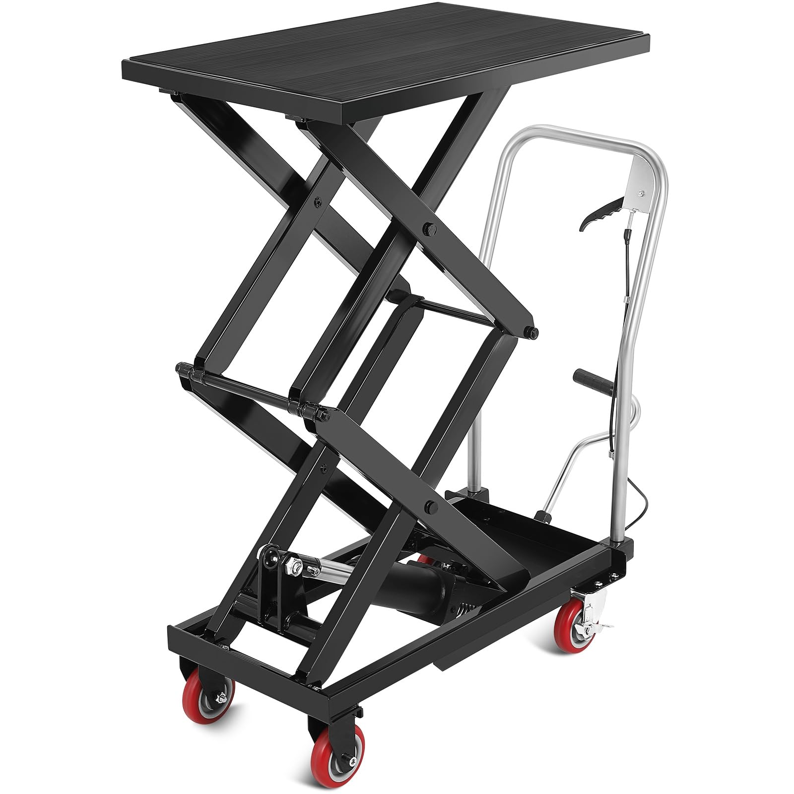 Photo 1 of **MINOR USE WEAR**Hydraulic Lift Table Cart, 770 Lbs Capacity 59" Lifting Height Double Scissor Lift Table with Anti-Slip Pad & 4 Wheels for Material Handling & Transportation in Warehouse, Workshop, Black