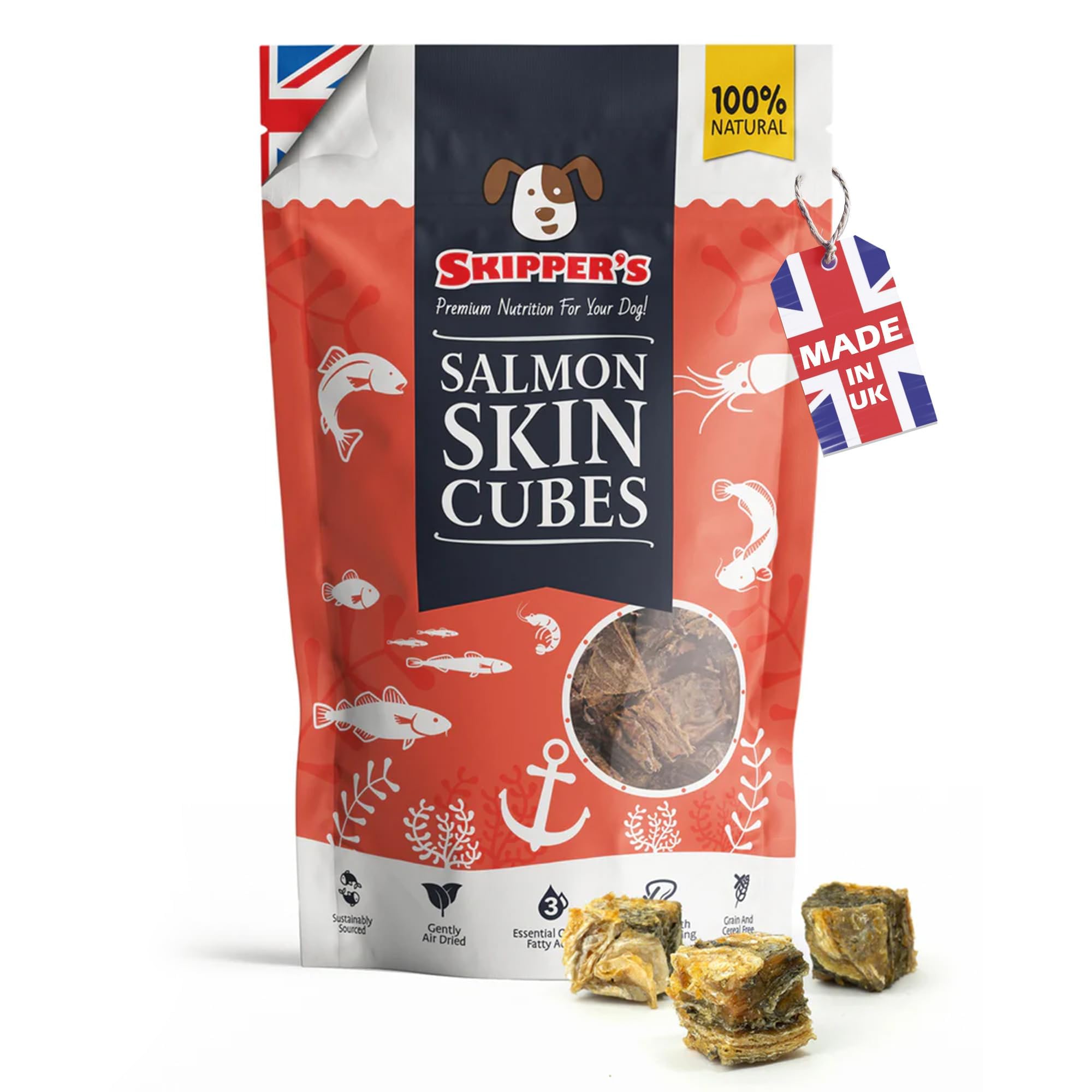 SKIPPER’S Salmon Skin Cubes - 100% Salmon Skin Grain Free & Hypoallergenic Cubes for Dogs, All Natural & Healthy Dog Treats, Omega 3 & 6 Oil, Great For Skin, Coat & Joints | (300g, Pack of 1)