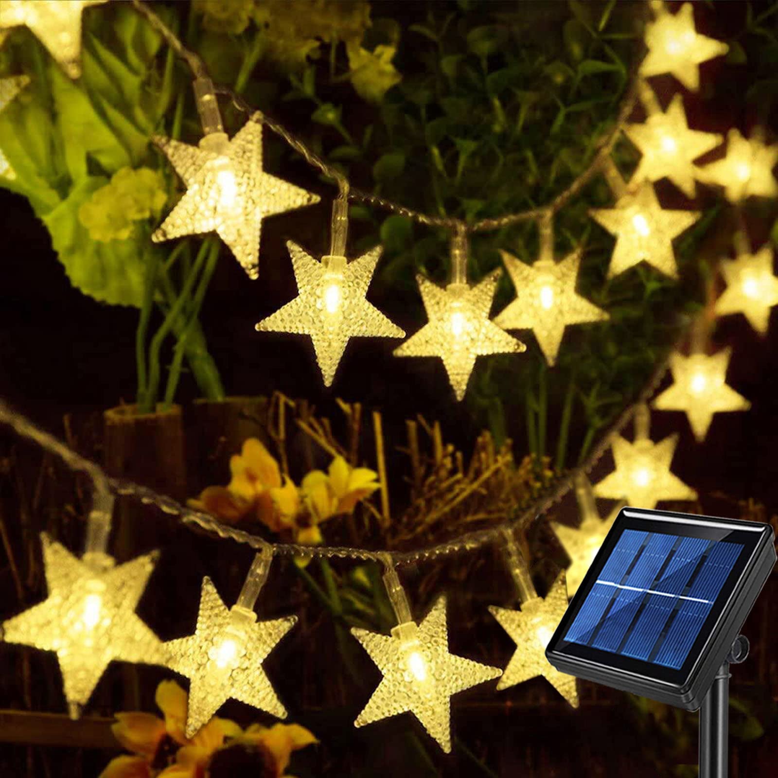 Photo 1 of Windpnn Solar String Lights Outdoor, Solar Powered Star Lights, 30ft 50LED 8 Modes Waterproof Christmas String Lights for Gardens Patio Landscape Xmas Tree Decorations(Warm White)