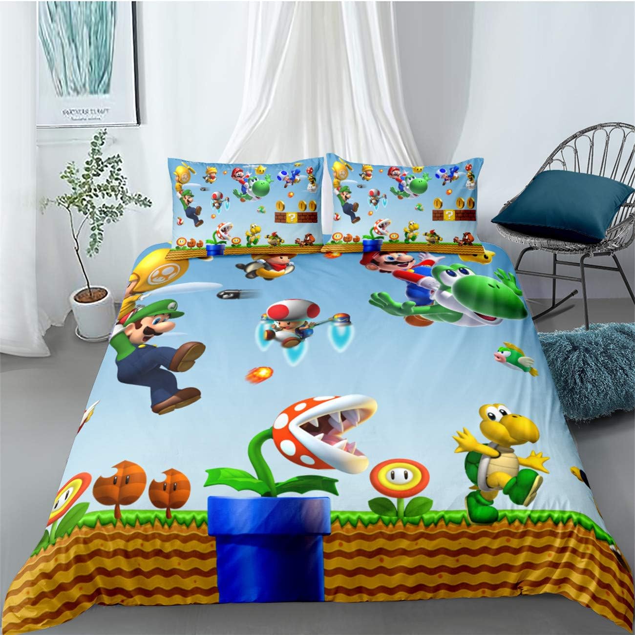 AXIONG Super Mario Bedding Set Children's Cartoon Duvet Cover 100% Microfiber Bed Set 3 Piece 1 Duvet Cover Set 2 Pillow Set Twin Full Queen King Size No Comforter Inside