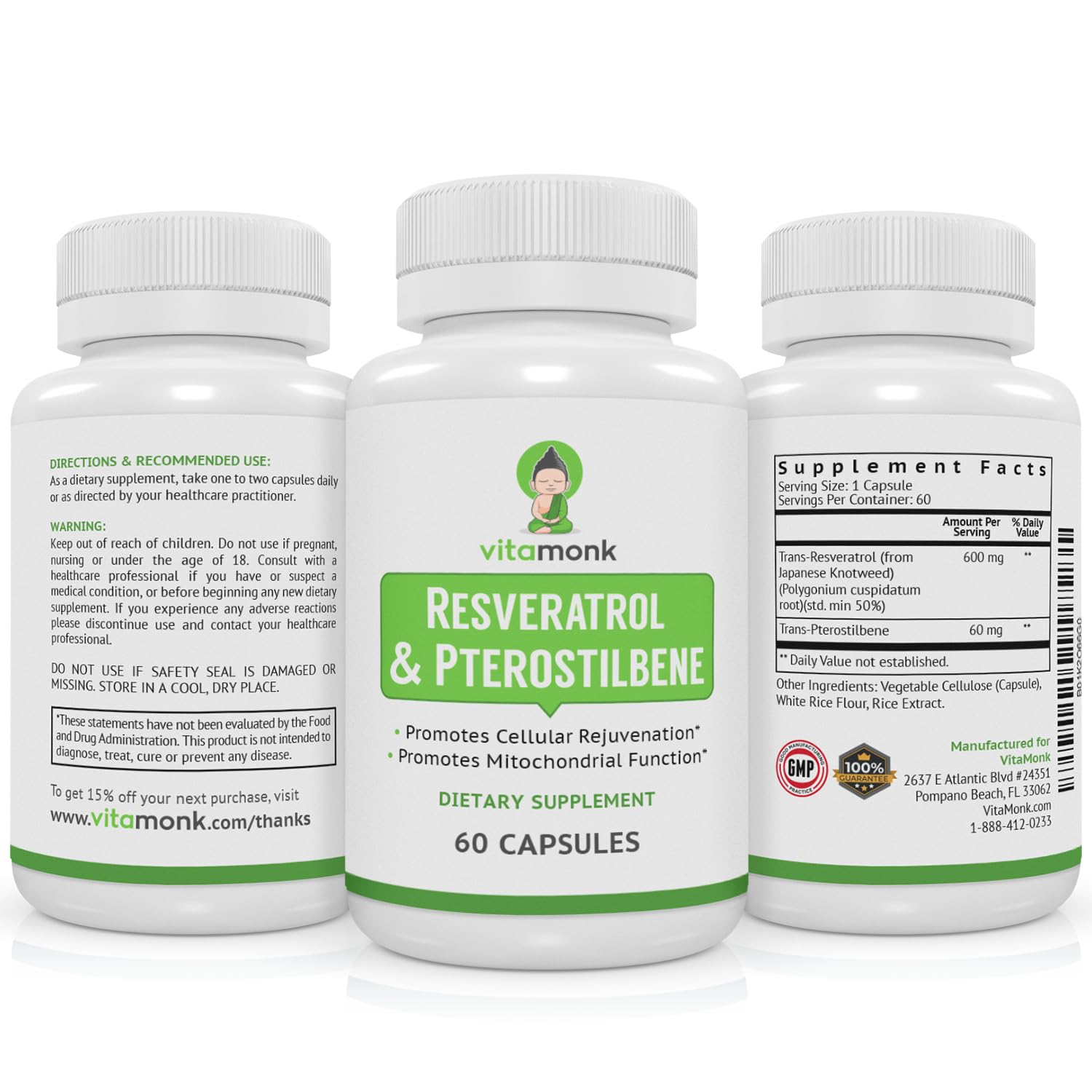 VitaMonk Resveratrol with Pterostilbene 600mg/60mg - No Artificial Fillers Healthy Aging and Longevity Supplement - 60 Capsules - Precise Formula with Trans Pterostilbene Resveratrol Supplements