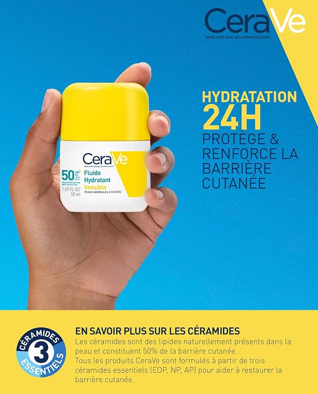 , Fluide Hydratant Invisible SPF 50 Visage, Haute Protection Solaire Visage, Peaux Normales à Sèches, Hydratation 24H, Fini Invisible, Base de Maquillage, Glycérine & Vitamine E