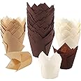 BAKHUK 200pcs Tulip Cupcake Baking Cups, Muffin Baking Liners Holders, Rustic Cupcake Wrapper, Brown, White and Nature Color