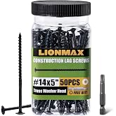 LIONMAX Lag Screws 5 Inch, Timber Screws #14 x 5, 50-PCS, Black | Heavy Duty Structural Wood Screws 5 Inch, Rust Resistant, for Exterior Deck/Log/Landscape, Washer Head, Star Drive with Bit